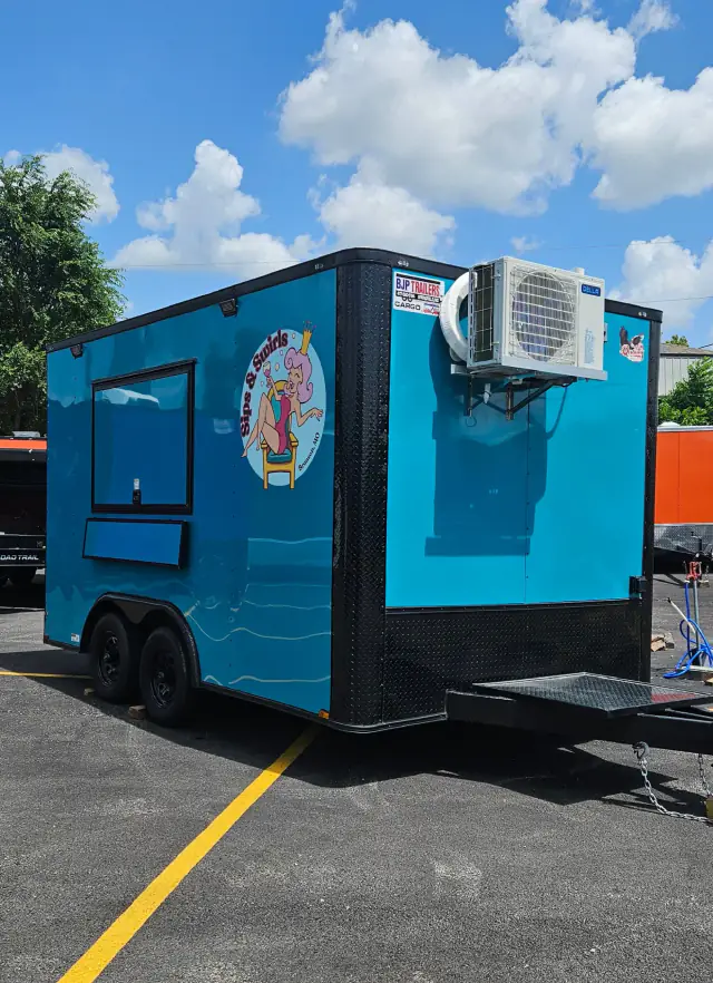 Water-blue 8.5 by 14 BJP food and concession trailer