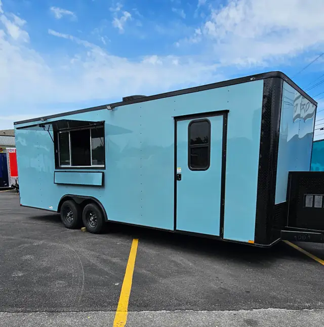Grey-blue 8.5 by 24 BJP food and concession trailer